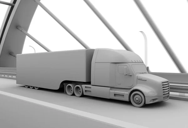 Clay rendering of self-driving Fuel Cell Powered American Truck driving on highway. 3D rendering image.