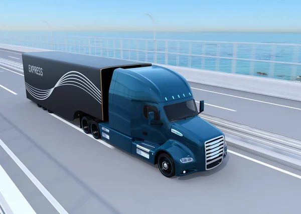 Metallic Blue Fuel Cell Powered American Truck Driving Highway Renderbild — Stockfoto