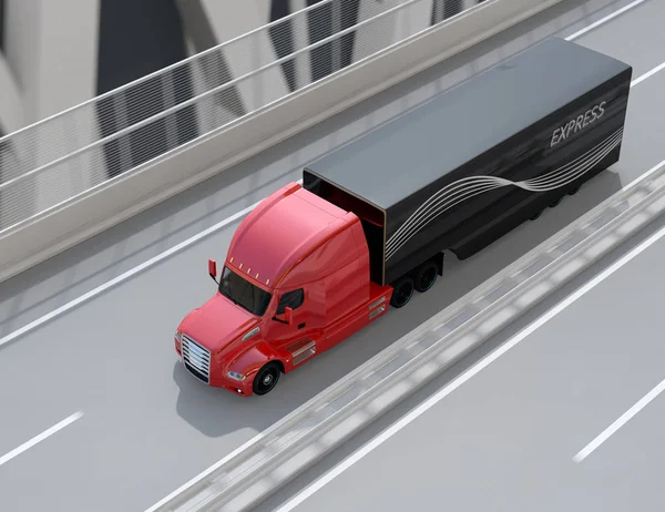 Metallic red Fuel Cell Powered American Truck driving on highway. 3D rendering image.