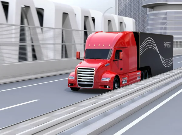 Metaliczny Czerwony Ogniw Paliwowych Zasilany Amerykański Truck Jazdy Autostradzie Renderowania — Zdjęcie stockowe