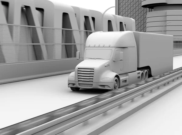 Clay rendering of self-driving Fuel Cell Powered American Truck driving on highway. 3D rendering image.