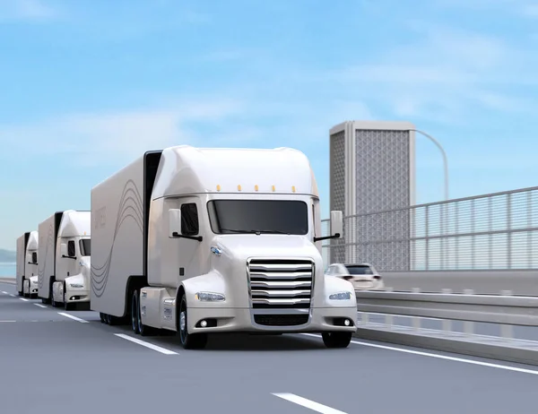 Une Flotte Camions Américains Pile Combustible Blancs Autonomes Conduisant Sur — Photo