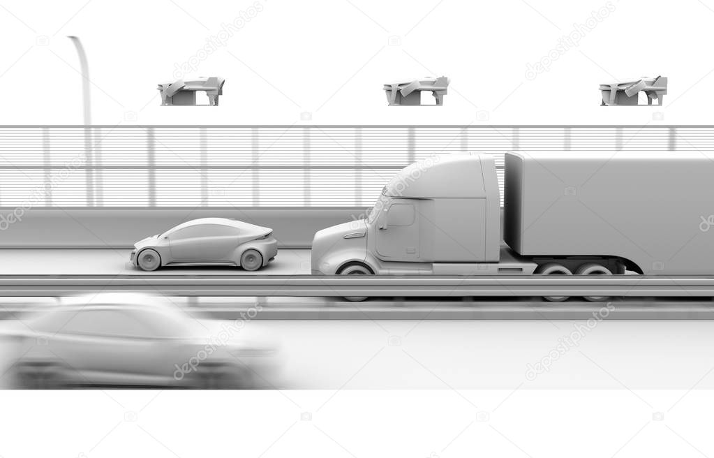 Clay rendering of American Trucks, cargo drones and flying car. Logistics and transportation concept. 3D rendering image.