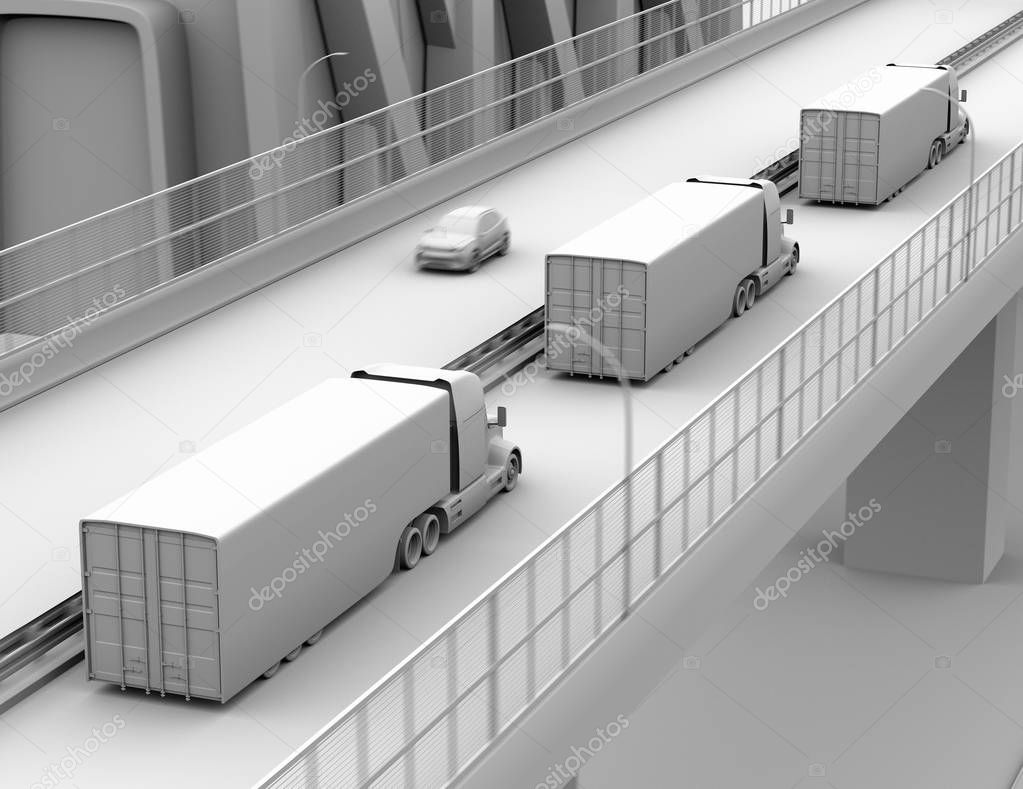 Clay rendering of self-driving Fuel Cell Powered American Trucks fleet driving on highway. 3D rendering image.