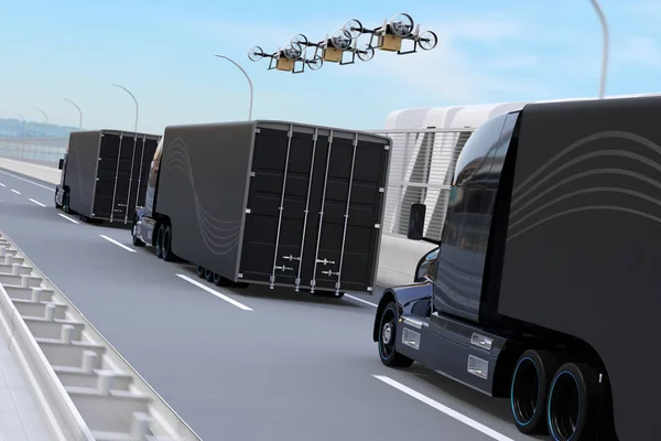 Vue Arrière Flotte Camions Américains Drones Cargo Conduisant Sur Autoroute — Photo