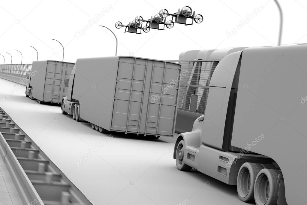 Clay rendering of fleet of American Trucks, cargo drones driving on the highway. Logistics and transportation concept. 3D rendering image.