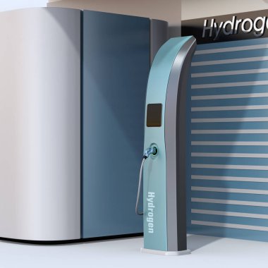 Hidrojen yakıt pili hidrojen istasyonunda dağıtıcılar. 3D render resim.