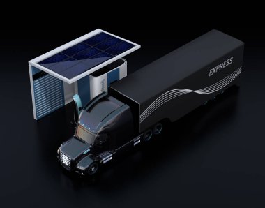 Yakıt hücresi yakıt pili hidrojen istasyonunda gaz dolum kamyon powered. Siyah arka plan. 3D render resim.