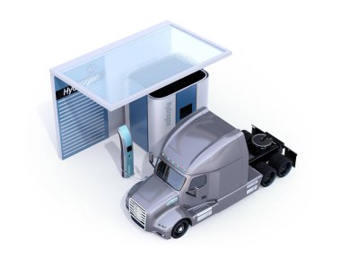 Yakıt hücresi yakıt pili hidrojen istasyonunda hidrojen gazı doldurma kamyon powered. 3D render resim.