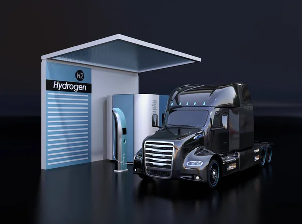 Fuel Cell powered truck filling hydrogen gas in Fuel Cell Hydrogen Station. Black background. 3D rendering image.