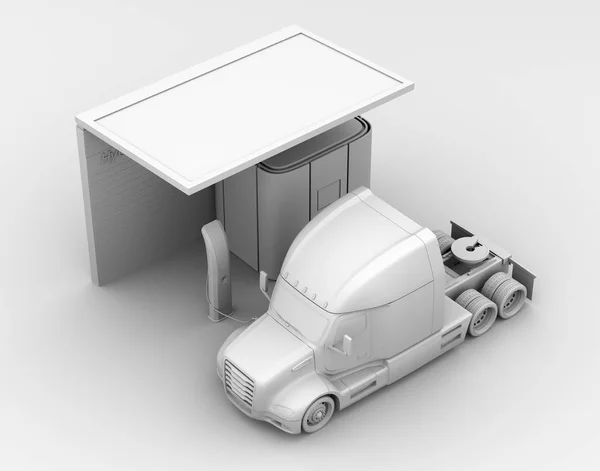 Clay rendering of  Fuel Cell powered truck filling hydrogen gas in Fuel Cell Hydrogen Station. 3D rendering image.