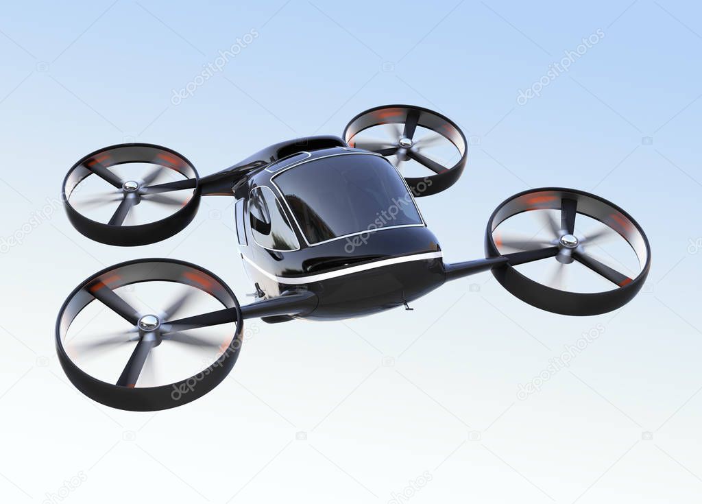 Self driving Passenger Drone flying in the sky. 3D rendering image.