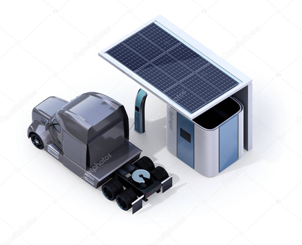 Isometric view of Fuel Cell powered truck filling hydrogen gas in Fuel Cell Hydrogen Station. 3D rendering image.