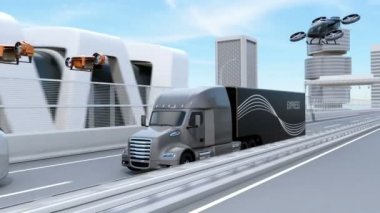 Filo Amerikan Kamyon, kargo uçağı ve uçan araba. Lojistik ve taşımacılık kavramı. 3D render animasyon.