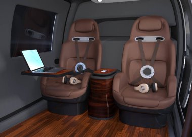 Yolcu uçağı iç. Yolcu koltukları ve küçük masa üstünde laptop Pc kulaklık. 3D render resim.