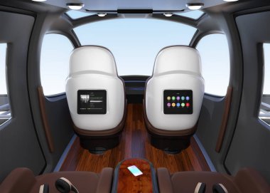 Yolcu uçağı iç. Monitör üzerinde koltuk arkalık monte. Kulaklık her koltuk ve küçük masa üstünde smartphone. 3D render resim.
