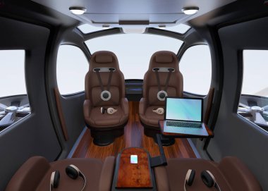 Yolcu uçağı iç ön yolcu koltukları ile geri döndü. Her koltuk kulaklıklarda. Dizüstü bilgisayar küçük masada. 3D render resim.