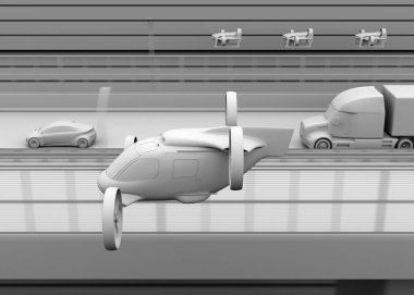 Kil yolcu uçağı taksi, otoyolda sürüş kamyon birlikte uçan teslimat uçağı filosu render. 3D render resim.