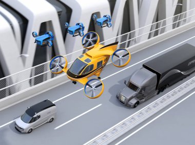 Turuncu yolcu uçağı taksi, otoyolda sürüş kamyon birlikte uçan filo teslimat uçağı. 3D render resim.