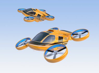 Orange Passenger Drone Taxis flying in the sky. 3D rendering image. clipart