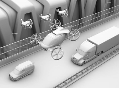 Kil yolcu uçağı taksi, otoyolda sürüş kamyon birlikte uçan teslimat uçağı filosu render. 3D render resim.