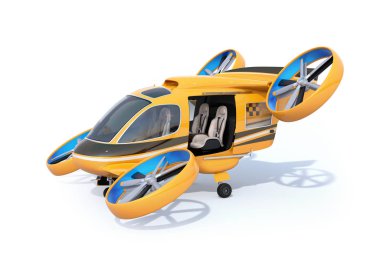 Turuncu yolcu uçağı taksi park kapı ile beyaz zeminde açıldı. 3D render resim.