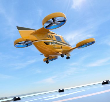 Turuncu yolcu uçağı taksi kalkış helikopter pisti üzerinden. 3D render resim.