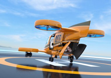 Dikiz turuncu yolcu uçağı taksi helikopter pisti üzerinde. Arka kapağı ve yan kapıyı açtı. Golf Çantalar arka gövde uzayda. 3D render resim.