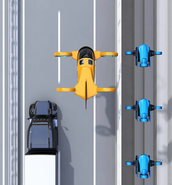 Flygfoto Över Orange Passagerare Drone Taxi Flyger Över Flotta Leverans — Stockfoto