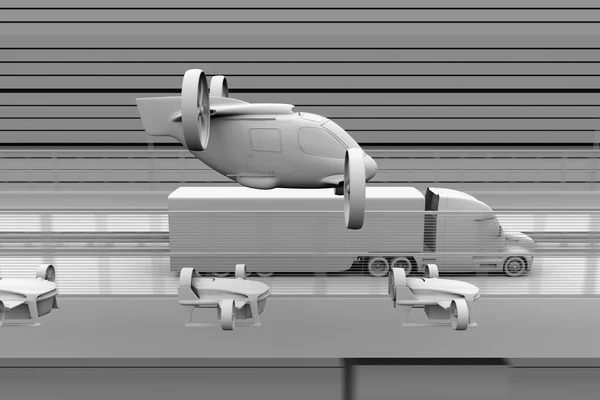 Clay Utas Drone Taxi Szállítás Herék Teherautó Vezetői Autópályán Közlekedő — Stock Fotó