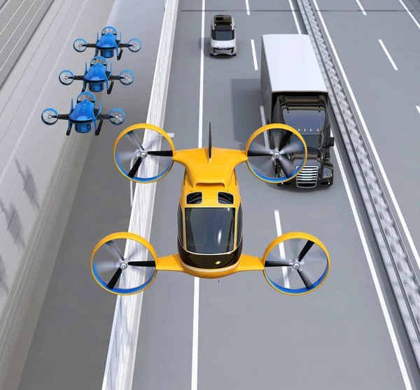 Front View Orange Passenger Drone Taxi Fleet Delivery Drones Flying — Stock Photo, Image