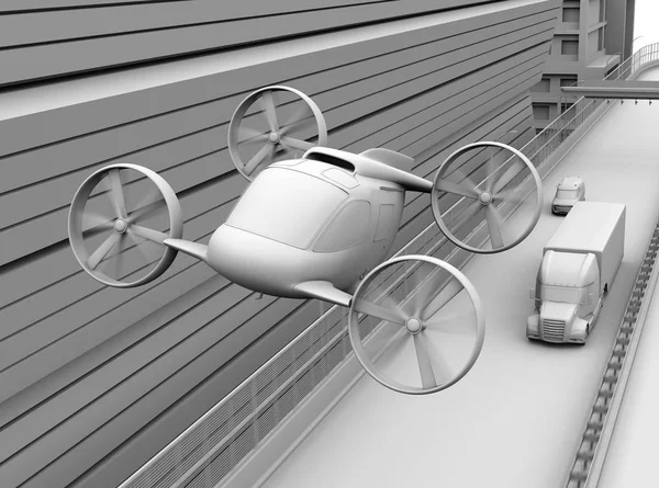 Clay rendering of Passenger Drone Taxi flying over American truck driving on highway. 3D rendering image.