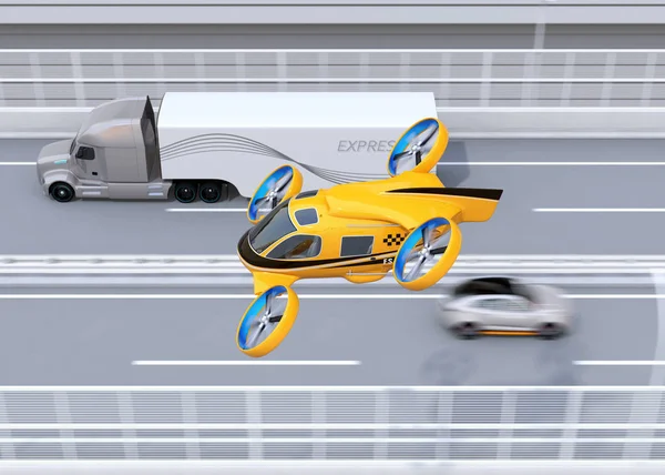 Naranja Pasajero Drone Taxi Volando Lado Camión Americano Carretera Imagen — Foto de Stock