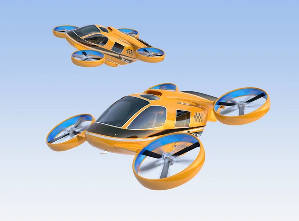 Orange Passenger Drone Taxis flying in the sky. 3D rendering image.