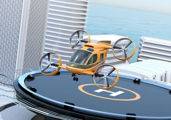 Orange Passenger Drone Taxi takeoff from helipad on the roof of a skyscraper. 3D rendering image.