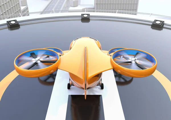 Sárga Utas Drone Taxi Hátsó Kilátás Helipad Rendering Kép — Stock Fotó