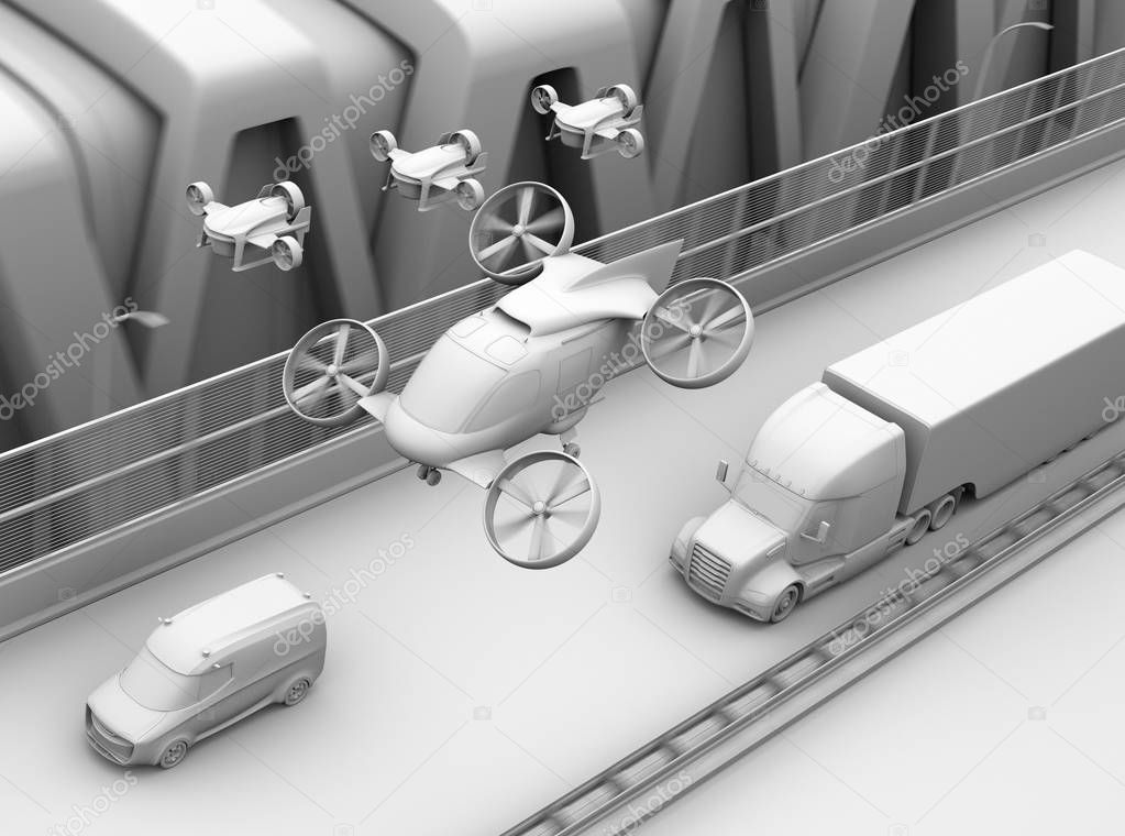 Clay rendering of Passenger Drone Taxi, fleet of delivery drones flying along with truck driving on the highway. 3D rendering image.