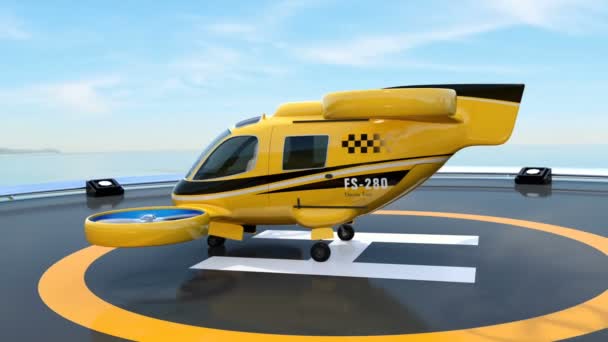Orange Passagerare Drone Taxi Start Från Helikopterplatta Taket Skyskrapa Rendering — Stockvideo