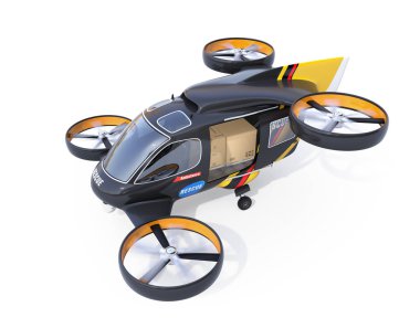 Kendi kendine sürüş kurtarma uçağı yere kayar kapı ile açılan otopark. Uçak içinde yardım malzemesi. 3D render resim.