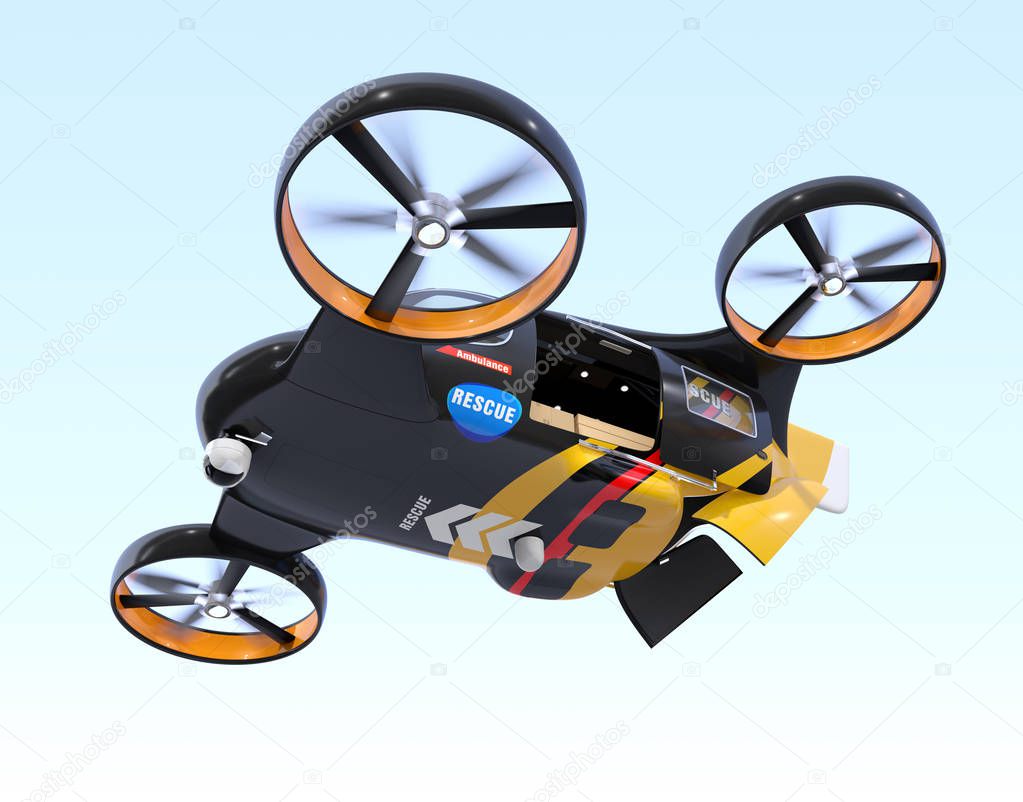 Self-driving Rescue Drone hovering in the sky with sliding door and rear hatch opened. Relief supplies in the drone waiting for drops. 3D rendering image.