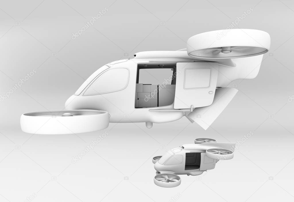 Clay rendering of Rescue Drones hovering in the sky with sliding door opened. Relief supplies in the drone waiting for drops. 3D rendering image.