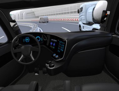Kendi kendine sürüş kamyon iç karayolu üzerinde gelen görüntüleyin. 3D render resim.