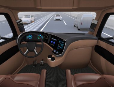 Kendi kendine sürüş kamyon iç karayolu üzerinde gelen görüntüleyin. 3D render resim.