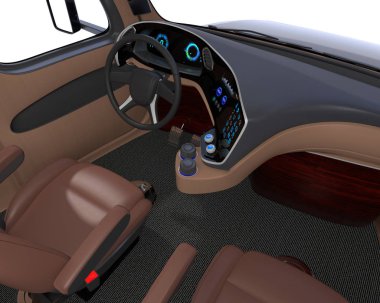 Özerk kamyon iç kahverengi koltuklar ve dokunmatik ekran gösterge paneli. 3D render resim.
