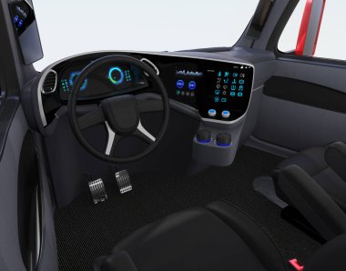 Özerk kamyon iç siyah koltuklar ve dokunmatik ekran gösterge paneli. 3D render resim.