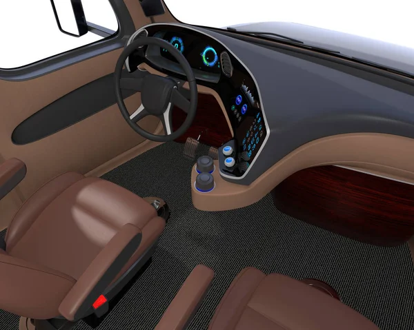 Autonomous truck interior with brown seats and touch screen instrument panel. 3D rendering image.