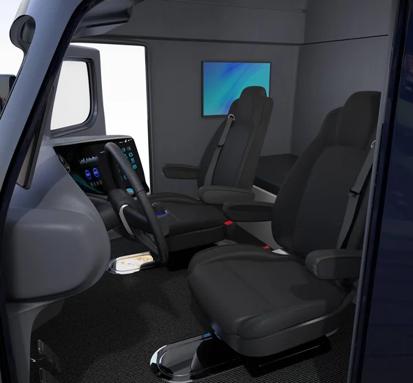 Interior Camión Autónomo Con Asientos Negros Monitor Montado Pared Cama —  Fotos de Stock