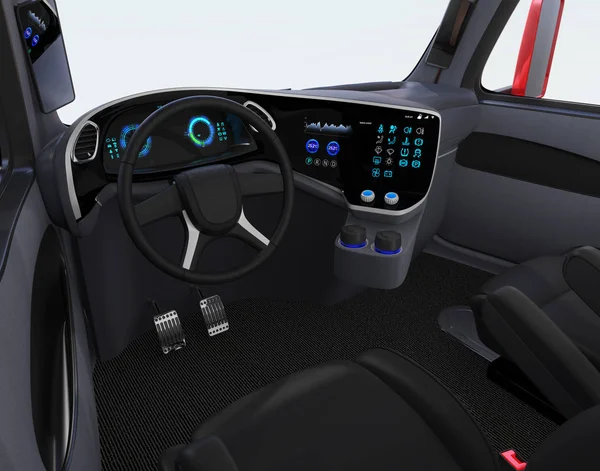 Autonomous Truck Interior Black Seats Touch Screen Instrument Panel Rendering — Stock Photo, Image