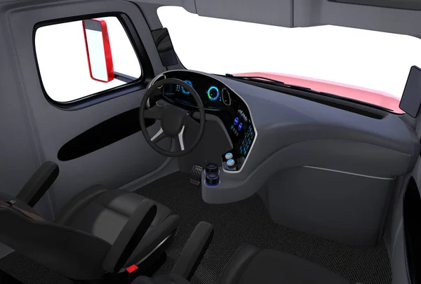 Autonome Vrachtwagen Interieur Met Zwarte Zetels Touch Screen Instrumentenpaneel Rendering — Stockfoto