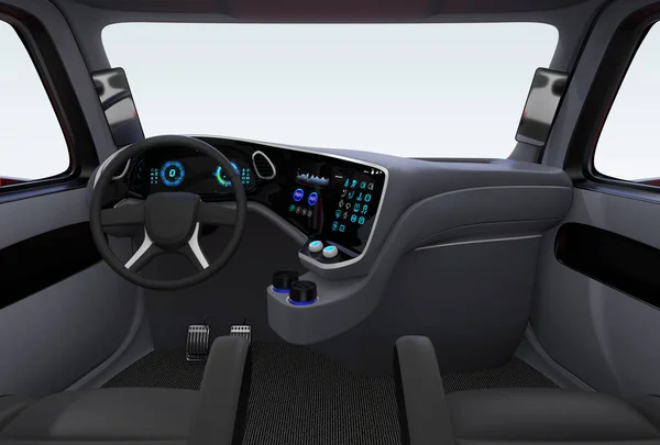 Interior Caminhão Autônomo Com Assentos Pretos Painel Instrumentos Touch Screen — Fotografia de Stock